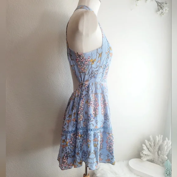 ABEL THE LABEL BLUE FLORAL FIT & FLARE JAASE BACKLESS HALTER MINI DRESS SZ SMALL - Picture 13 of 16